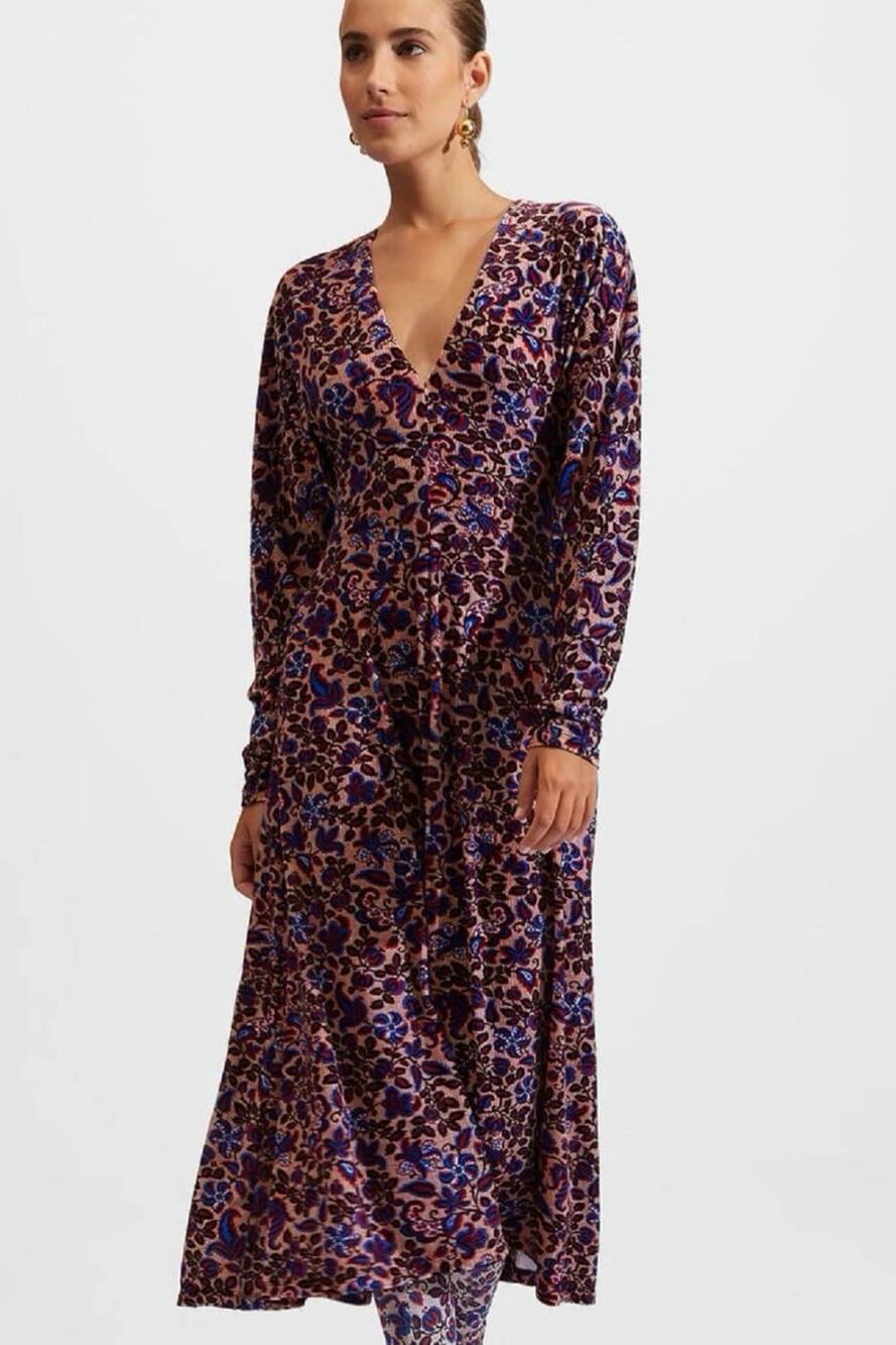 La Double J Kenny Dress Velvet Stretch Floral V-Neck Long Sleeve Midi Purple S